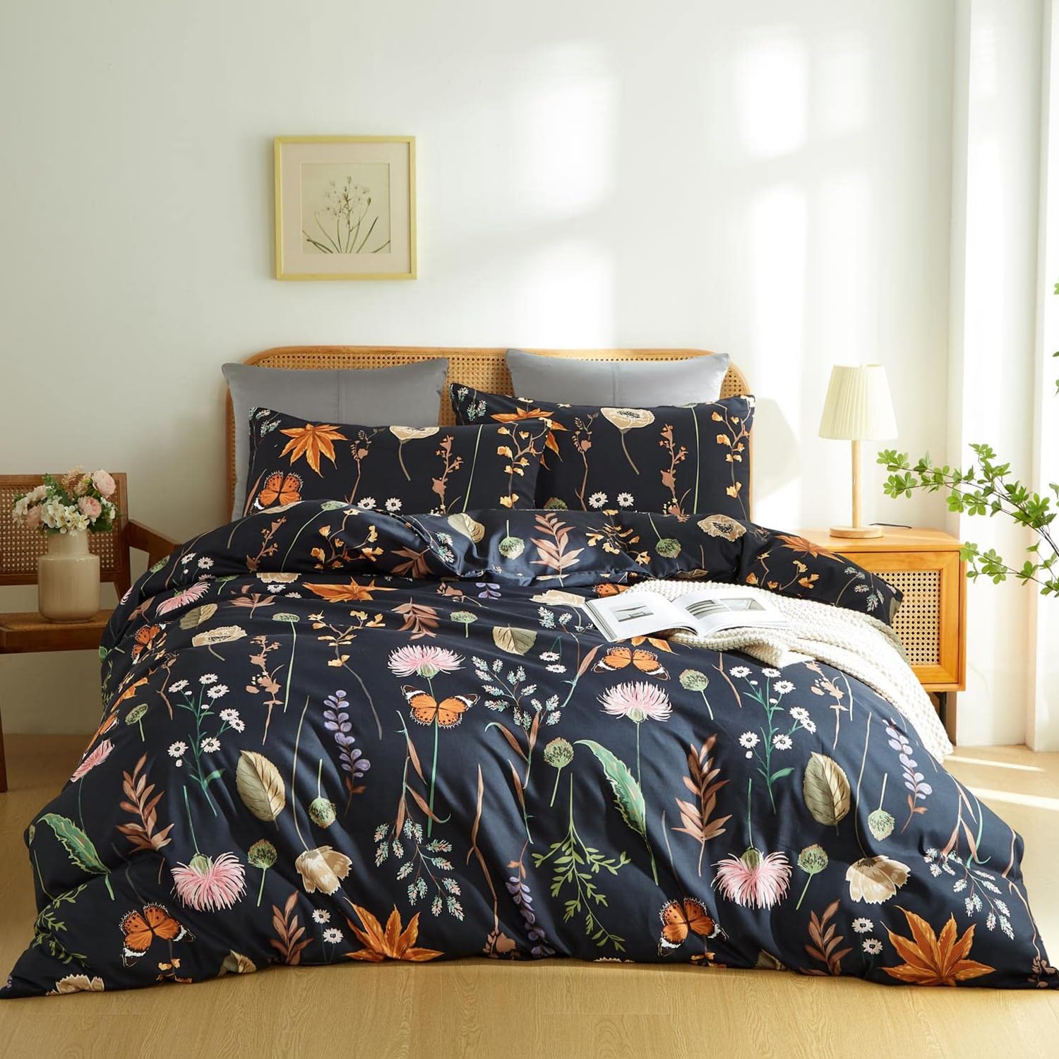 Couturebridal Floral Duvet Cover King Size Black Comforter Cover With Colorful Botanical Yellow Butterfly Printed 3 Pieces Soft
